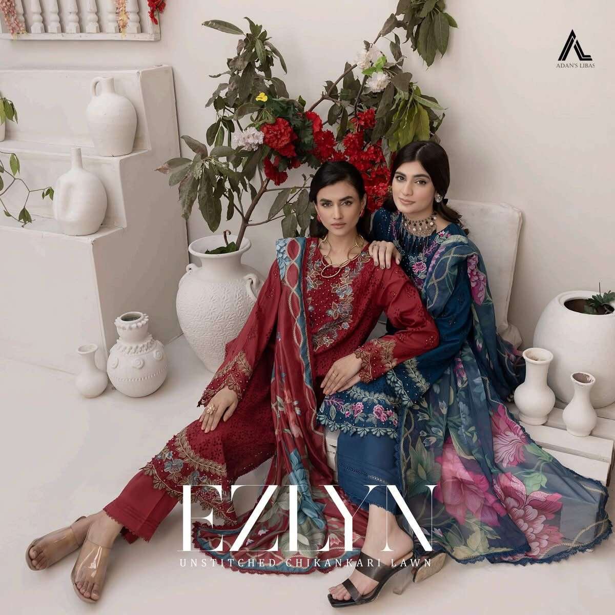 Ezlyn Unstitched Chikankari Lawn Model and Open Pic by Adans Libas